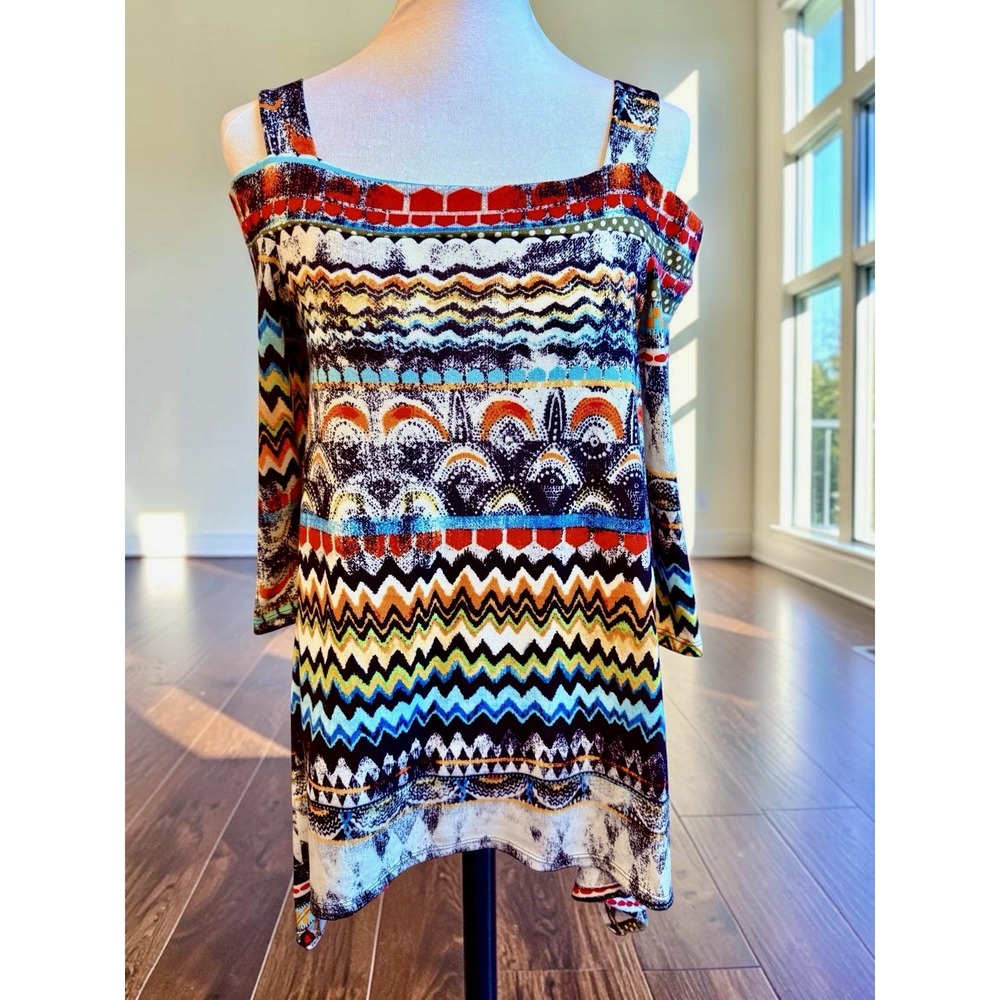 Cezanne Women's Large Cold Shoulder Tunic Top Boho Aztec Geometric Print